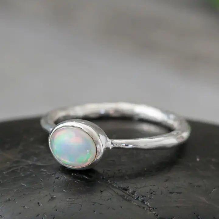 Sterling Silver Textured Band with Opal Stone