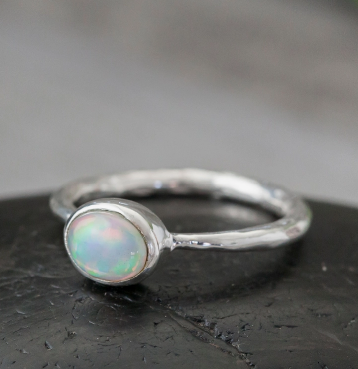 Sterling Silver Textured Band with Opal Stone