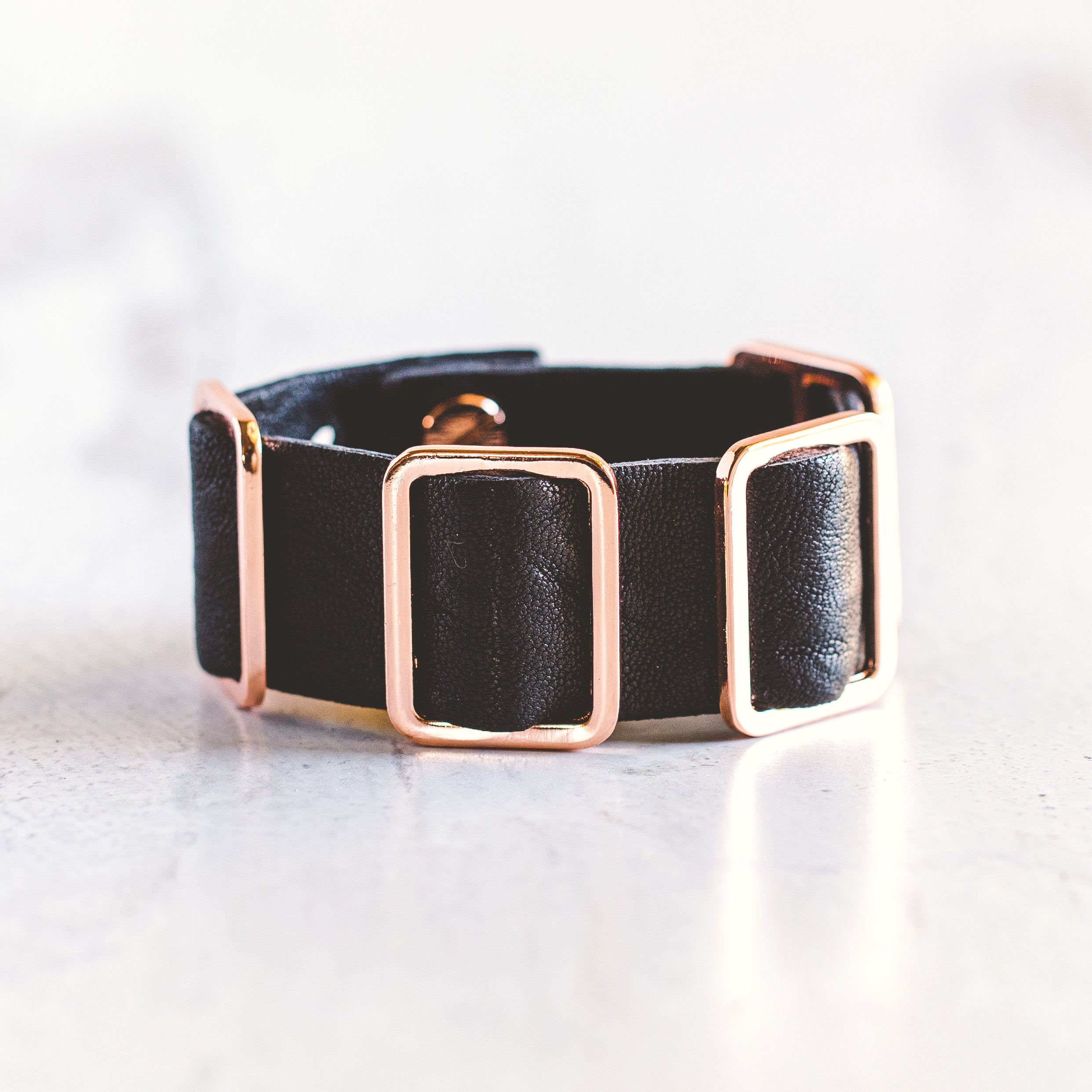 Wide Leather Bracelet Cuff With Rose Gold Buckles | Giving Bracelets