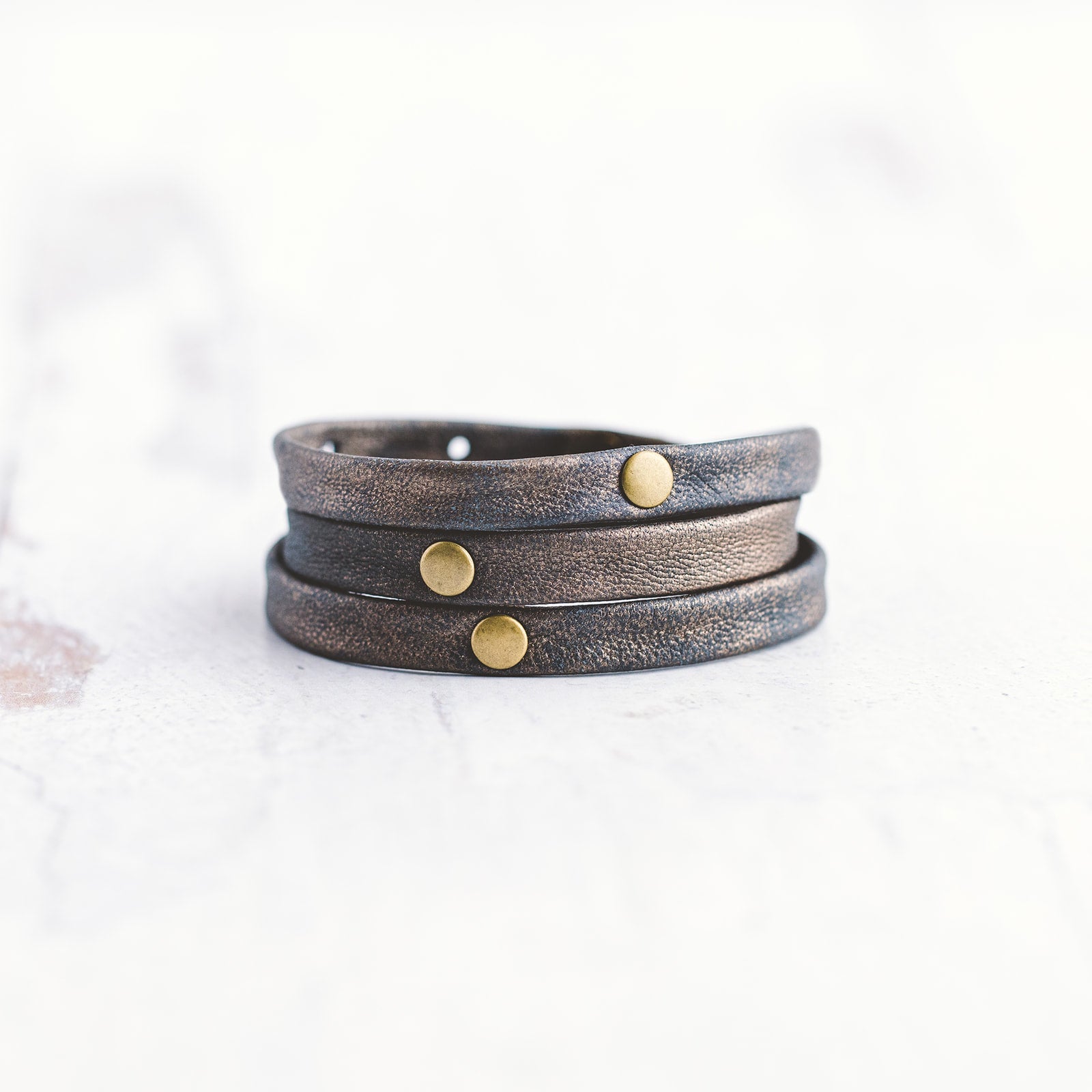 Triple Wrap Leather Bracelet with Brass Ring